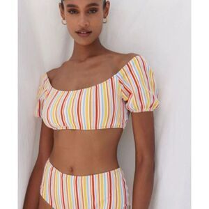 Lemlem Mokati Pouf Swim Top Striped Lemon Zest Size XS NWT